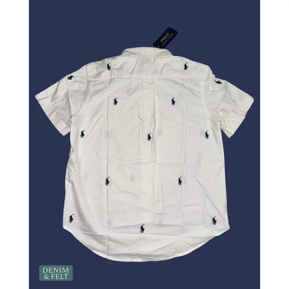NEW Polo Ralph Lauren Boy White Pony Print Oxford Shirt Button Down Short Sleeve